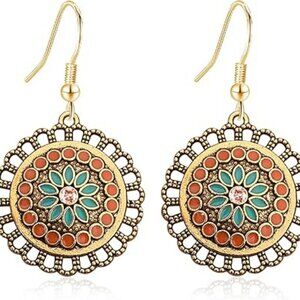 Bohemian Sliver Enamel Flower Circle Disc Lightweight Dangle Drop Earring Set